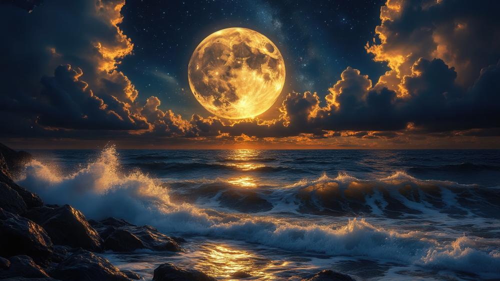 Moonlit Supermoon Over Stormy Fantasy Sea wallpaper
