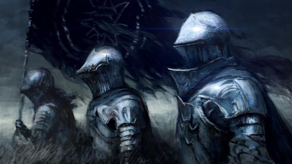Gloomy Knights Under a Black Battle Banner wallpaper