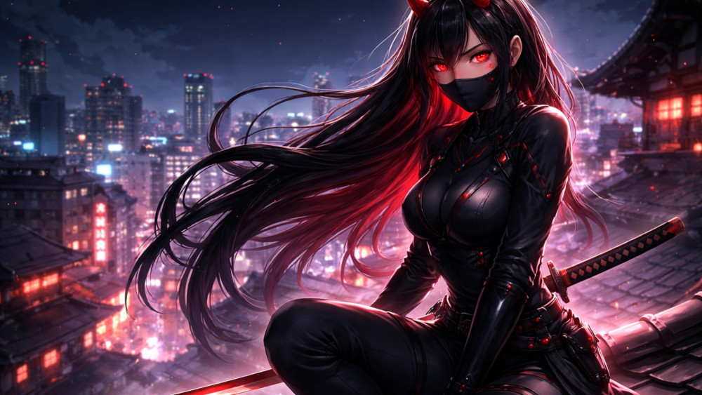 Demonic Rooftop Ninja in Neon Twilight wallpaper