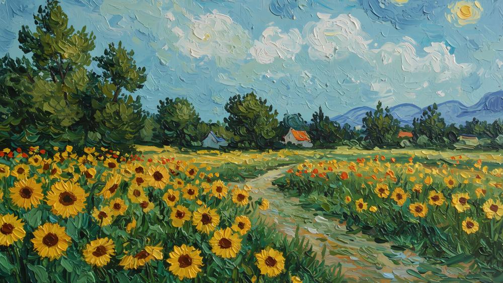 Sunlit Sunflower Meadow Path in Impressionist Bloom wallpaper