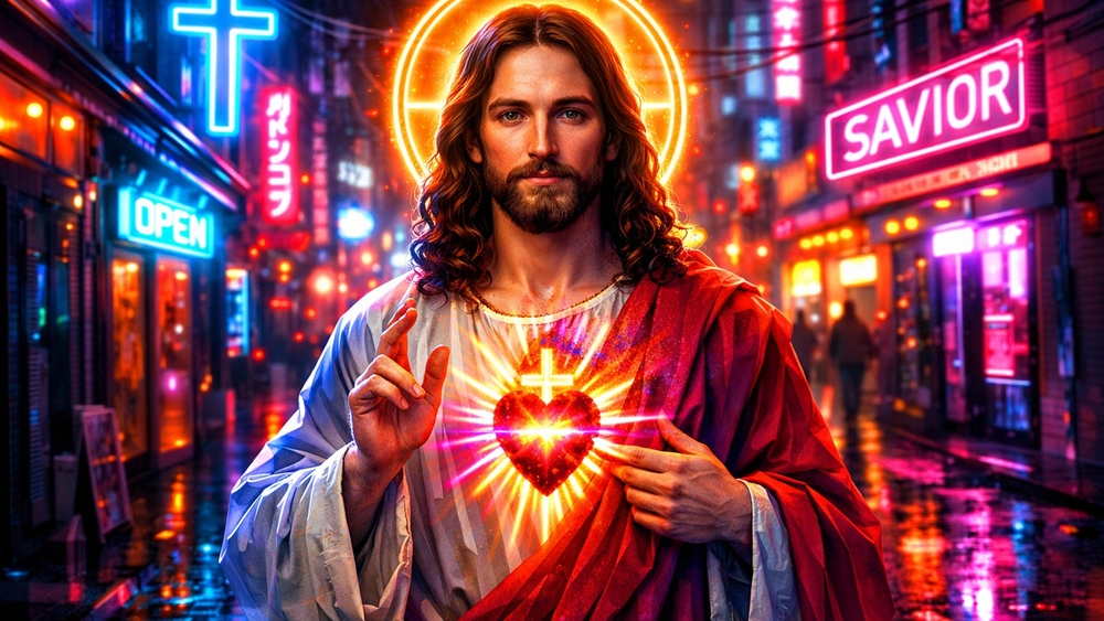 Neon Savior in the City wallpaper