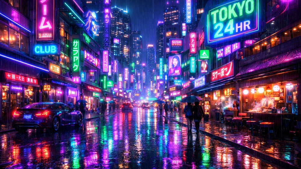 Neon Rain in Tokyo Nights wallpaper