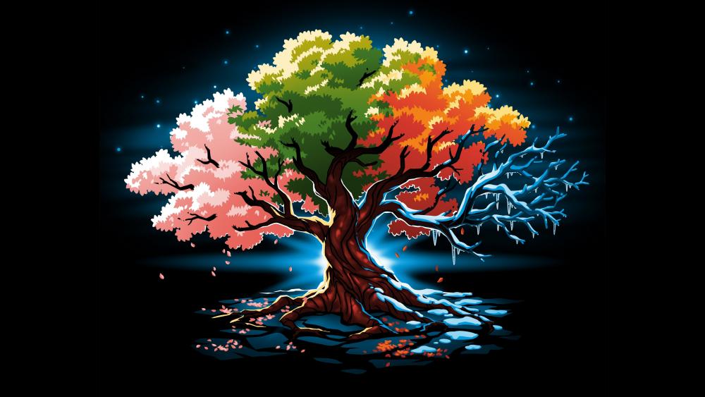 Four Seasons Tree in Vibrant Abstract Harmony wallpaper