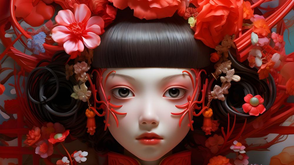 Crimson Blossom Anime Portrait wallpaper