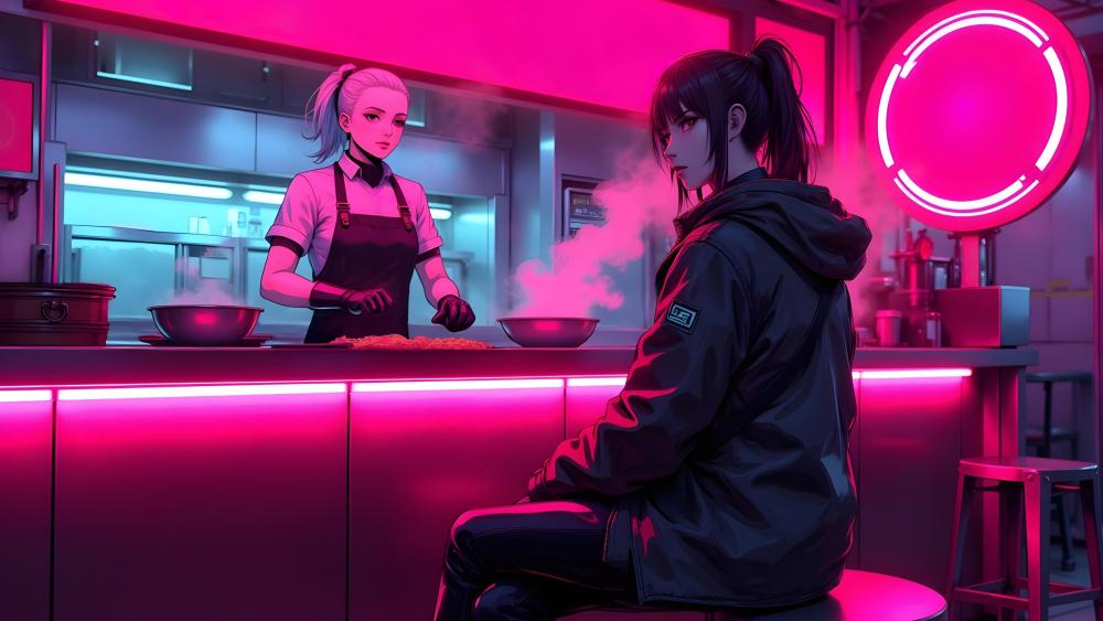 Neon Ramen Dreams in a Vaporwave Kitchen wallpaper