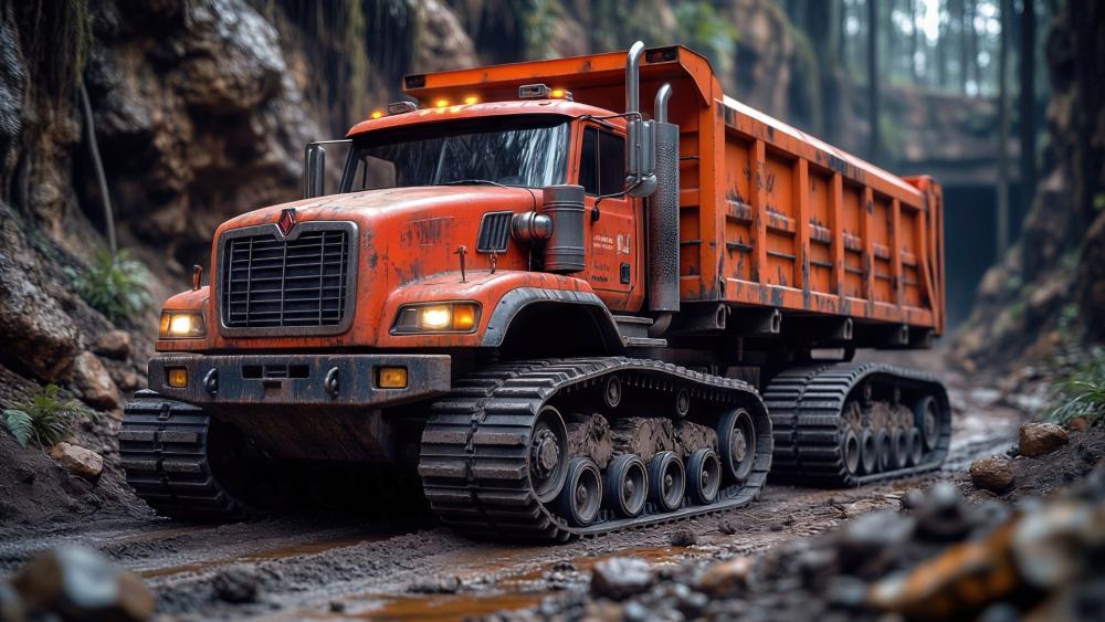 Tracked Hauler in Rugged Forest Terrain wallpaper