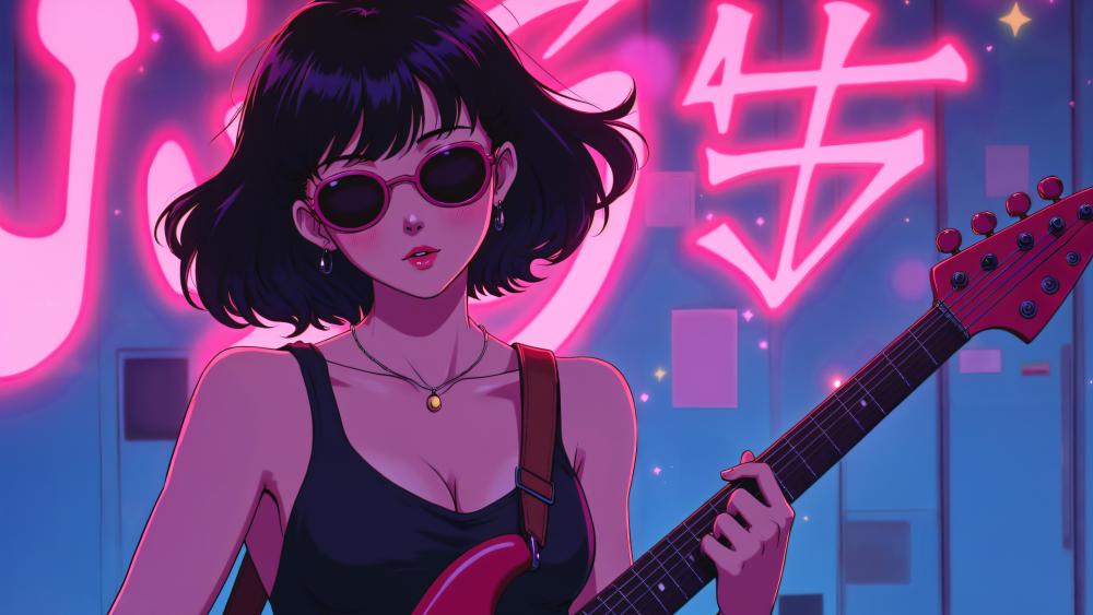 Neon Guitarist in Synthwave Night wallpaper