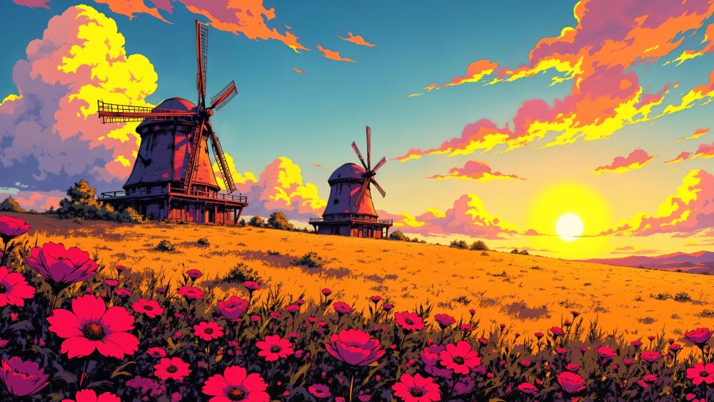 Sunset Windmills Over Blooming Fields wallpaper