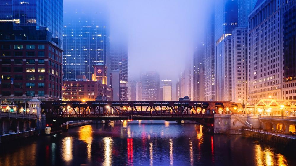 Foggy Chicago River Bridge Glow wallpaper
