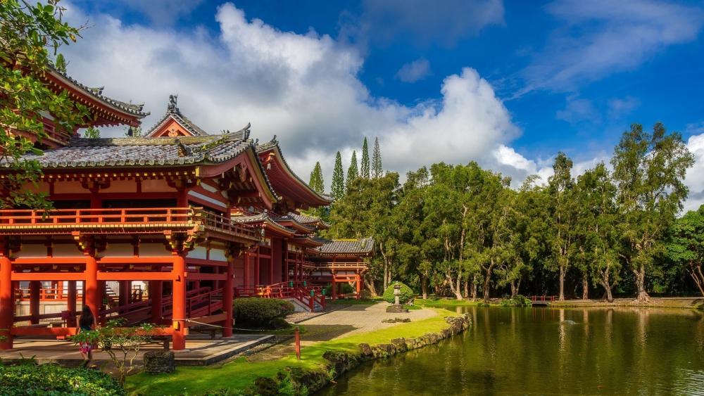 Serene Temple by the Reflective Pond wallpaper