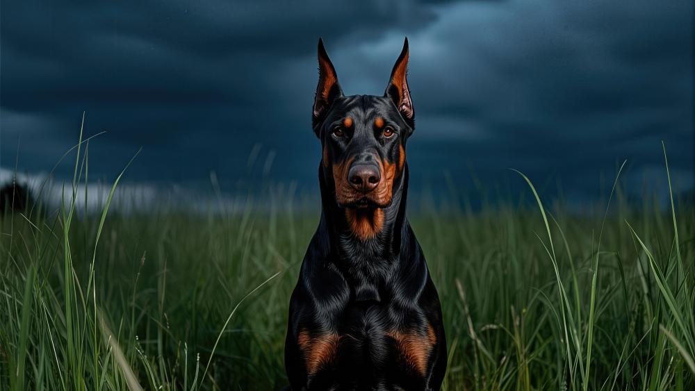 Majestic Dobermann in Stormy Fields wallpaper