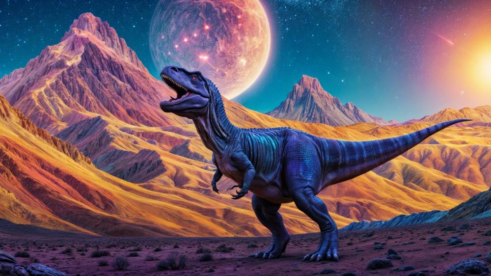 Cosmic Tyrannosaur Over Alien Mountains wallpaper