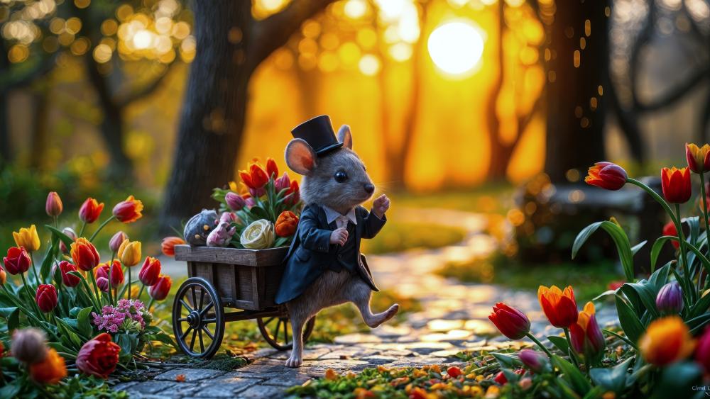 Whimsical Mouse in Springtime Parade wallpaper