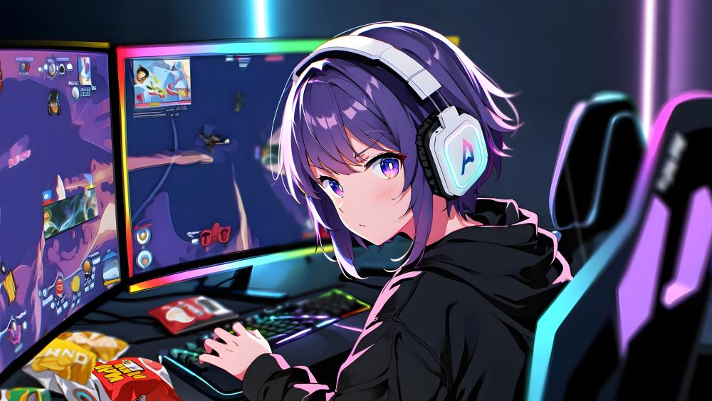 Neon Gamer Girl at the Anime Battle Station wallpaper