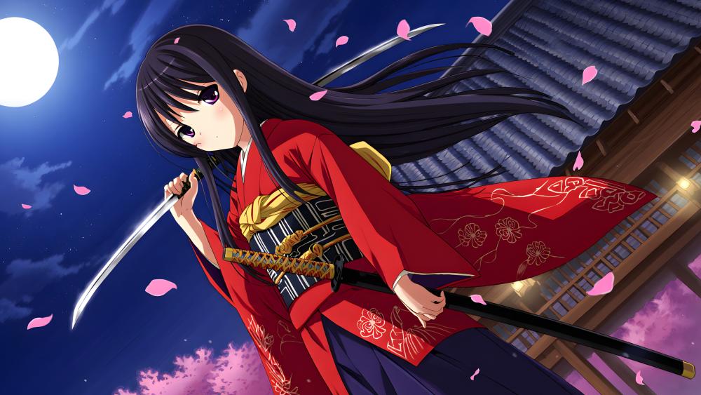 Moonlit Samurai Spirit in Red Kimono wallpaper