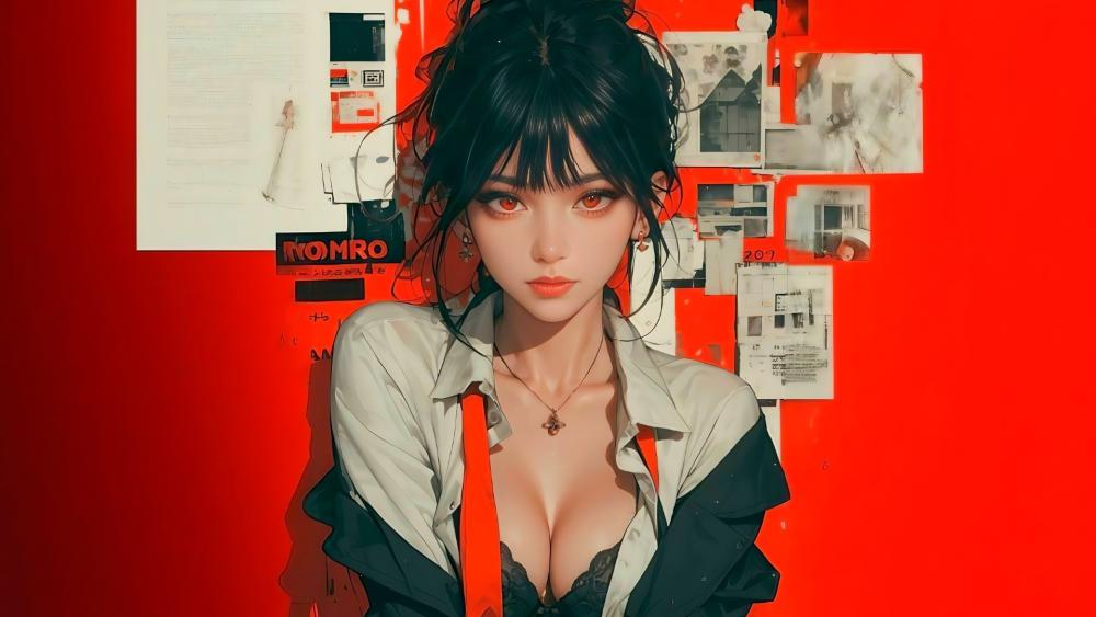 Bold Anime Muse in Scarlet Light wallpaper
