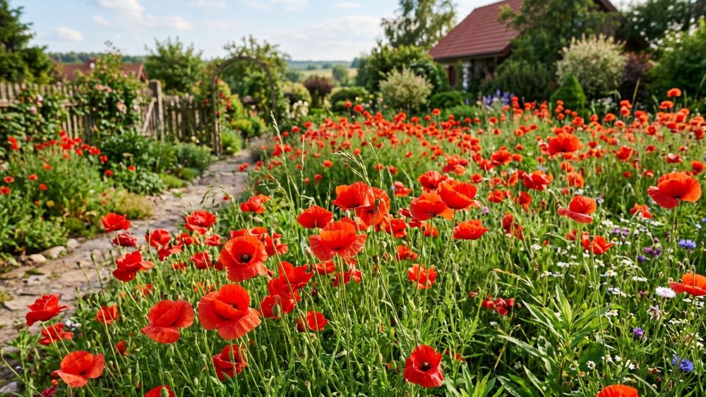 Sunlit Poppy Garden Retreat wallpaper