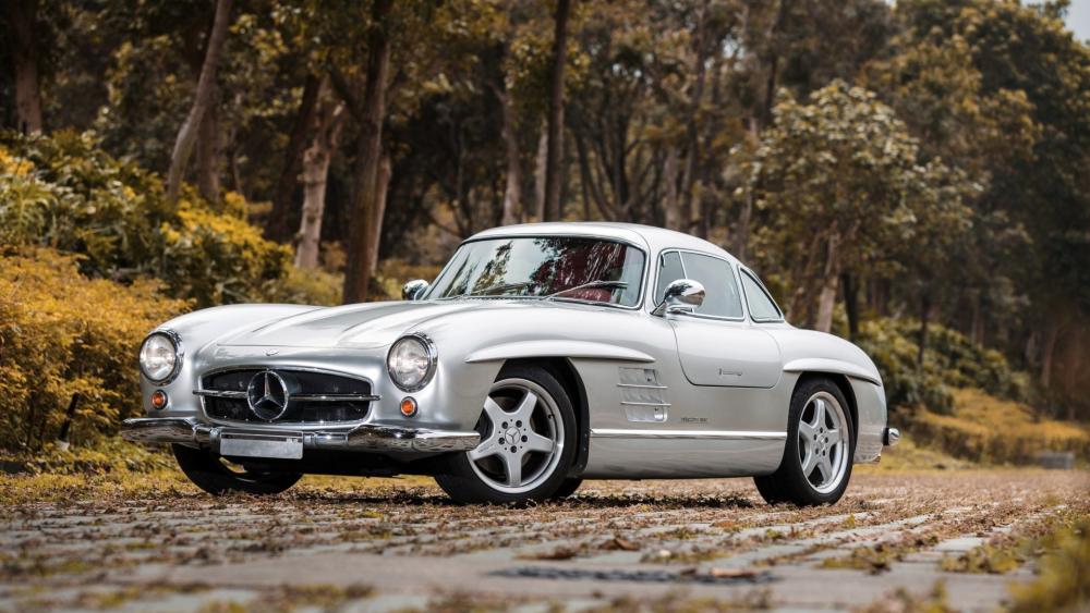 Silver Mercedes Gullwing on Autumn Road wallpaper