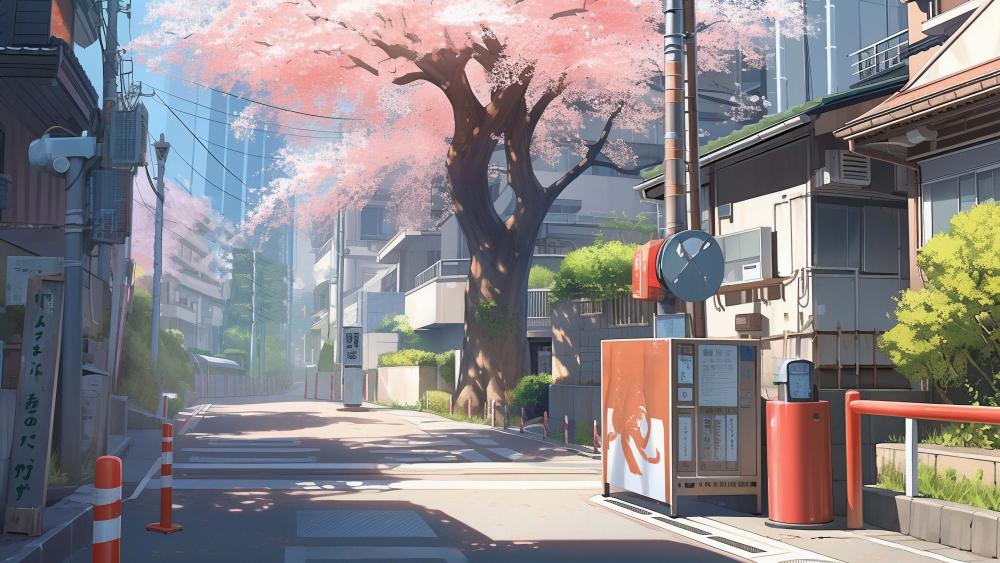 Cherry Blossom Morning in Quiet Anime Street wallpaper
