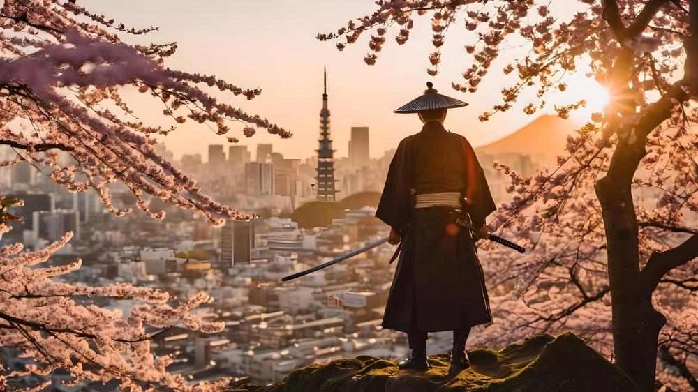 Cherry Blossom Samurai Overlooking Futuristic City wallpaper
