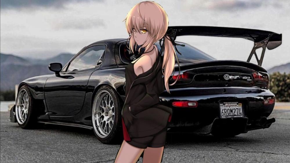 Anime Girl Beside Mazda RX 7 Drift Machine wallpaper