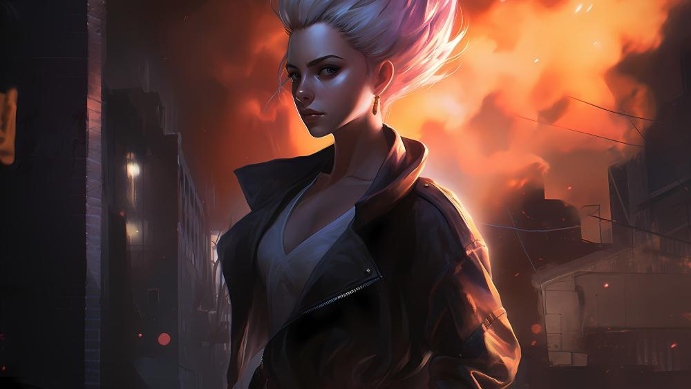 Flame Lit White Haired Warrior Girl wallpaper