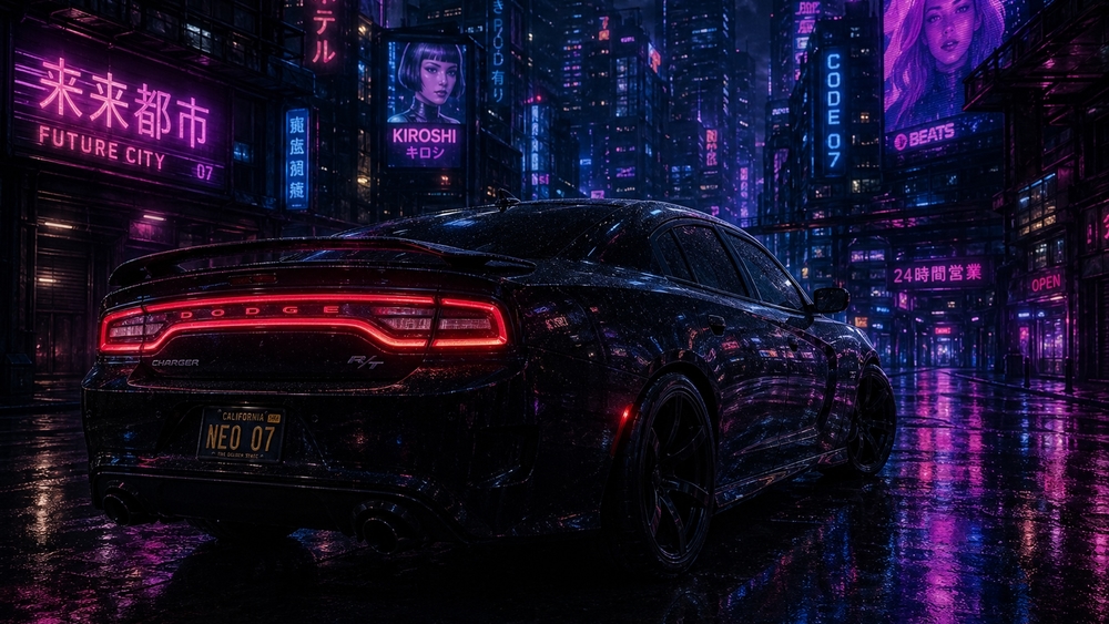 Neon Dodge Charger in Cyberpunk Rain wallpaper