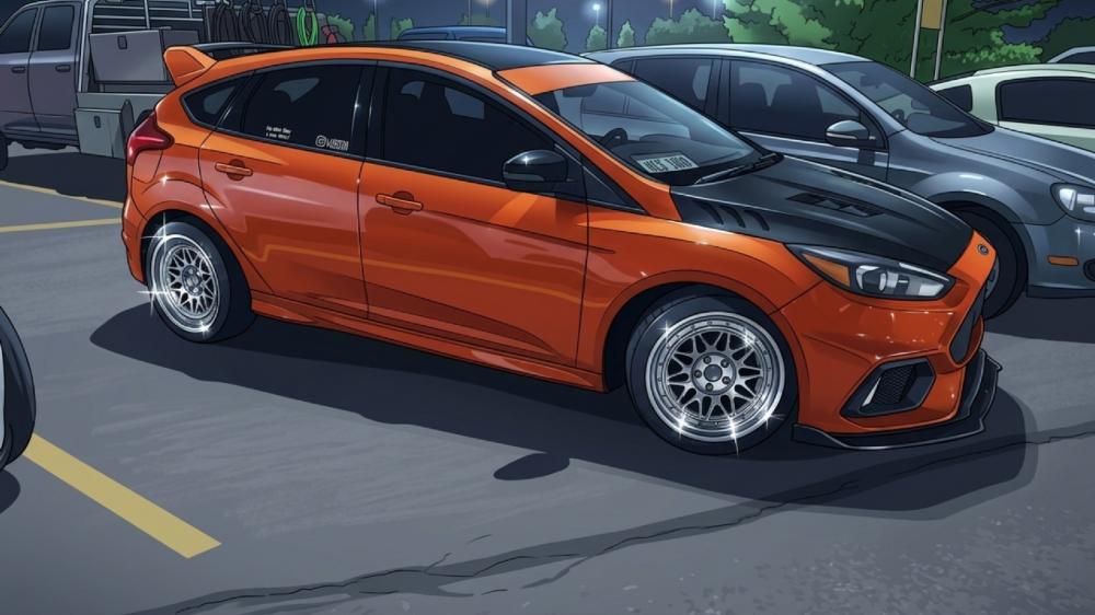 Anime Orange Hatchback in City Lights wallpaper