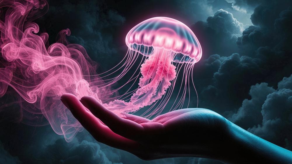 Neon Jellyfish Dream on a Cosmic Hand wallpaper