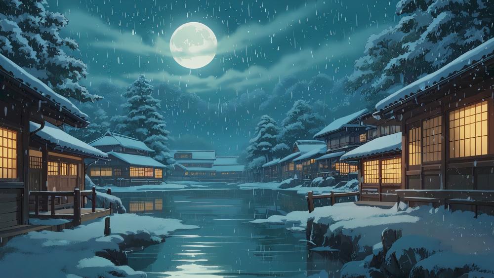 Moonlit Snowfall Over Silent Anime Town wallpaper