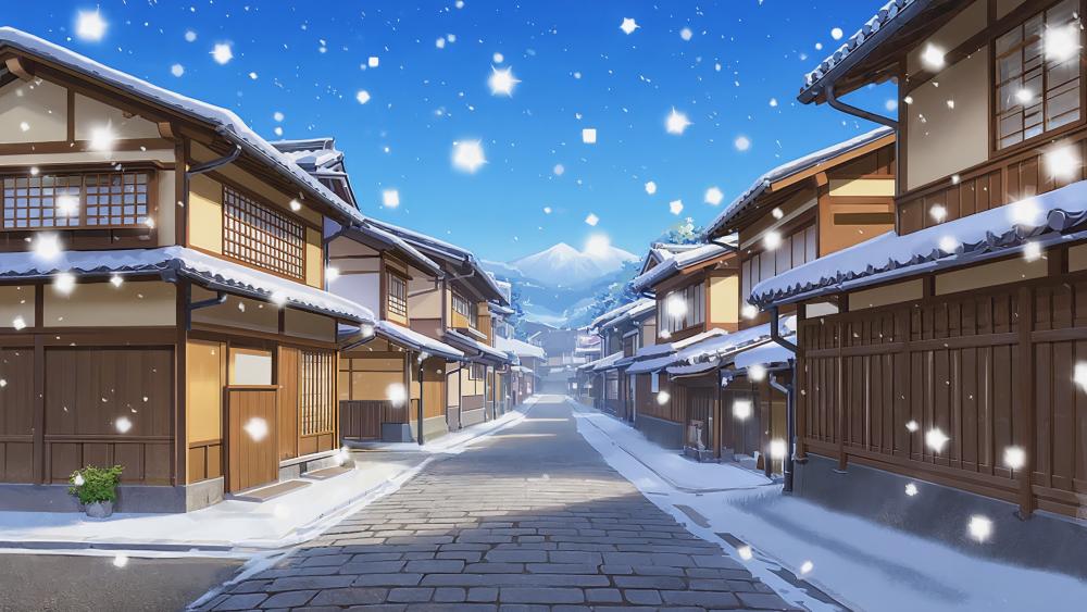 Snowy Anime Town Serenity wallpaper