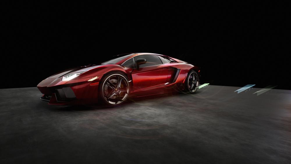 Red Lamborghini Aventador on Dark Studio Floor wallpaper
