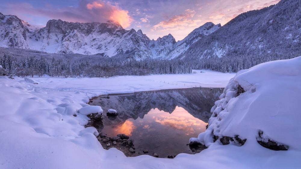 Winter Sunrise at Laghi di Fusine in the Italian Alps wallpaper
