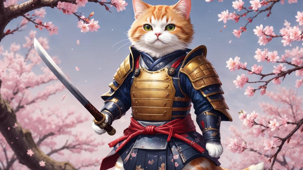 Samurai Cat Beneath Cherry Blossoms wallpaper