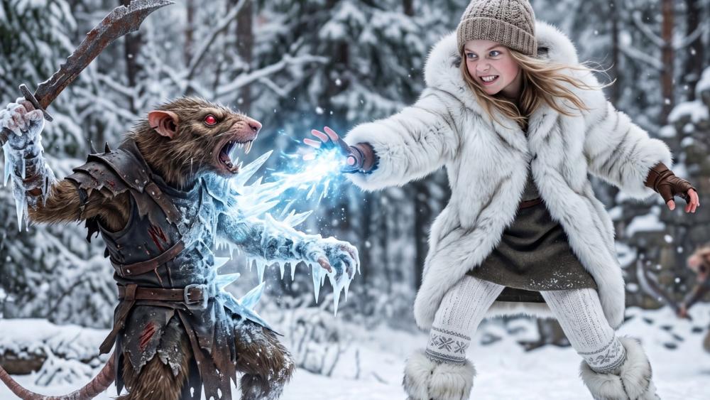 Frozen Duel of the Rat Warrior and Ice Sorceress wallpaper