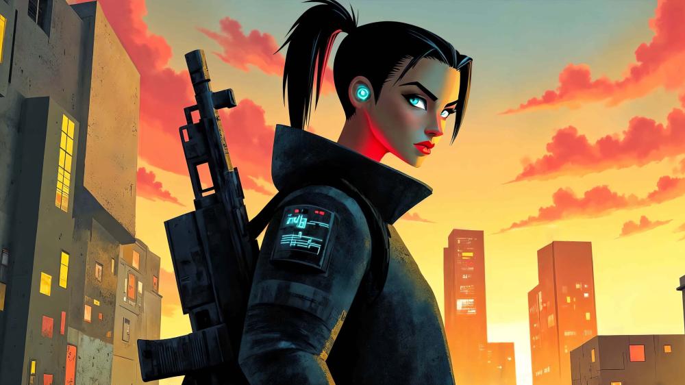 Cyberpunk Sentinel at Sunset wallpaper