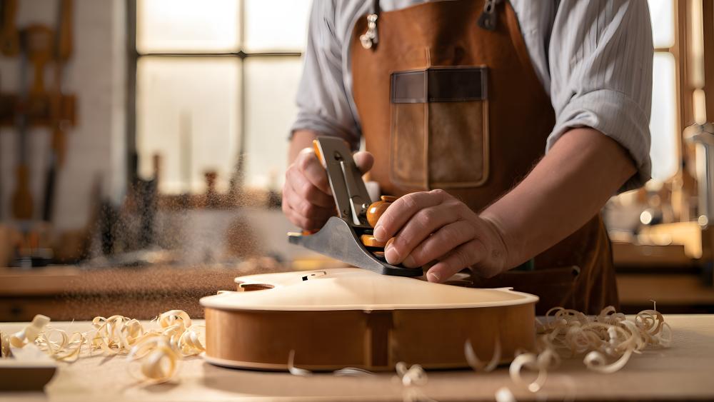 Master Crafting a Violin in Warm Workshop Light wallpaper