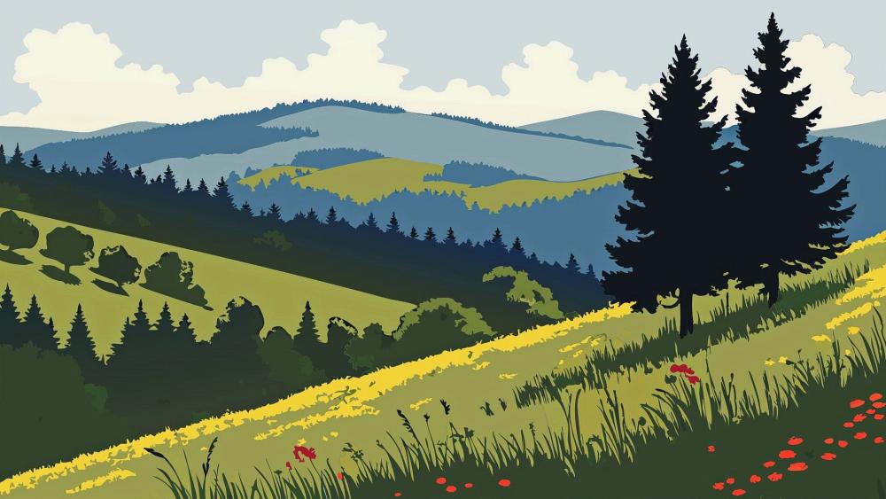 Ghibli Inspired Rolling Hills wallpaper