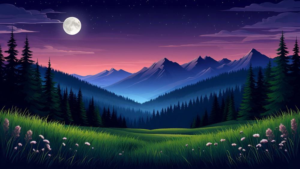 Moonlit Valley Under a Purple Anime Sky wallpaper