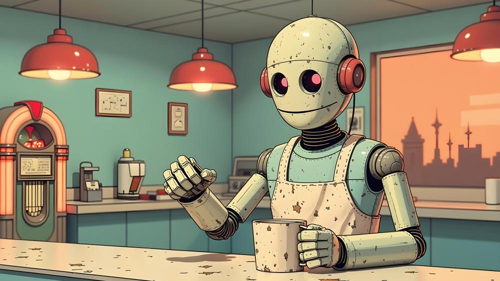 Retro Diner Robot at Sunset wallpaper