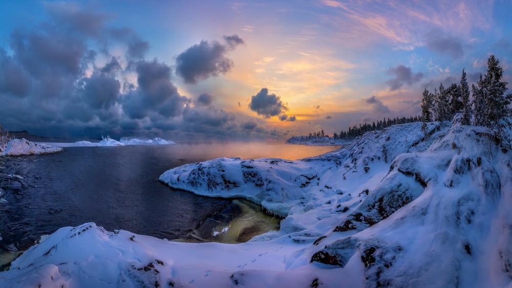 Frozen Shoreline Sunset wallpaper