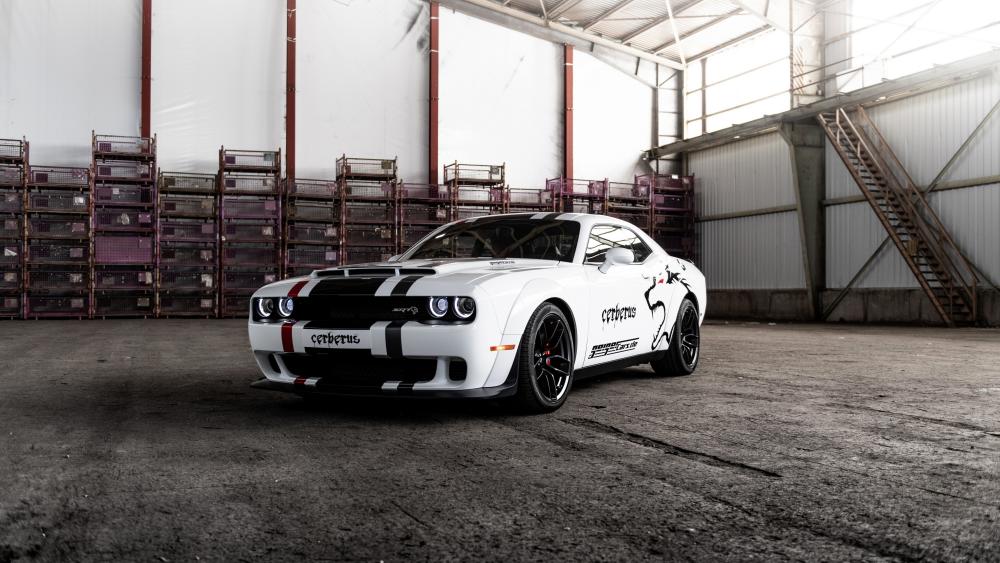 Aggressive Dodge Challenger Hellcat in Warehouse wallpaper
