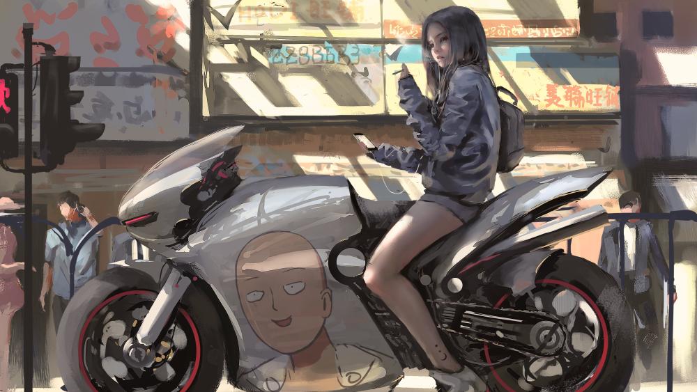 Cyberpunk Rider in Neon Streets wallpaper