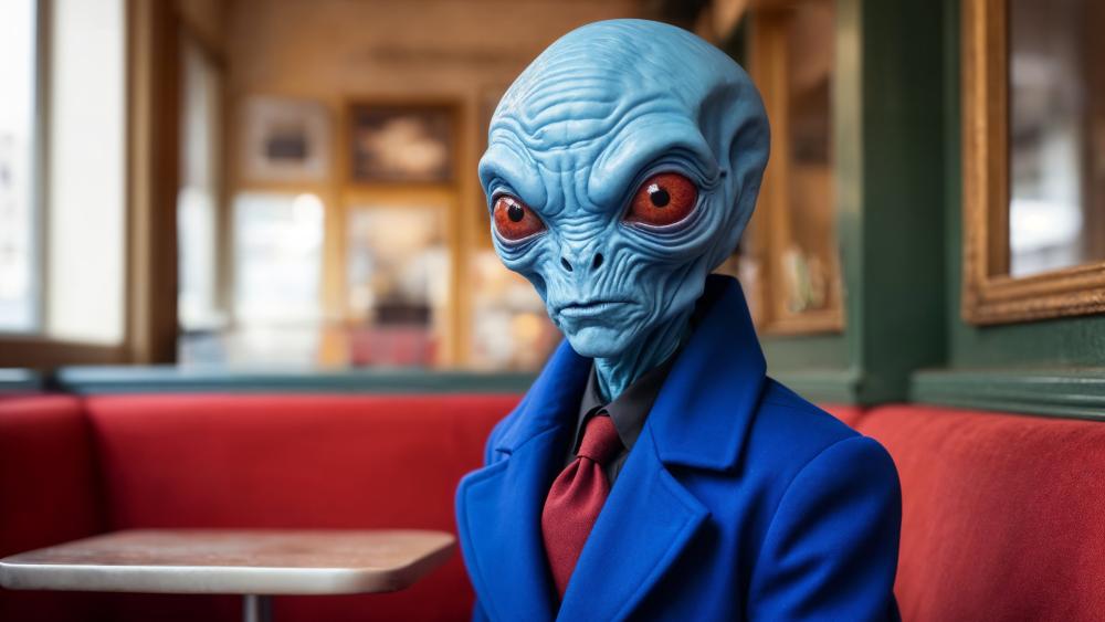 Blue Alien in a Red Booth wallpaper