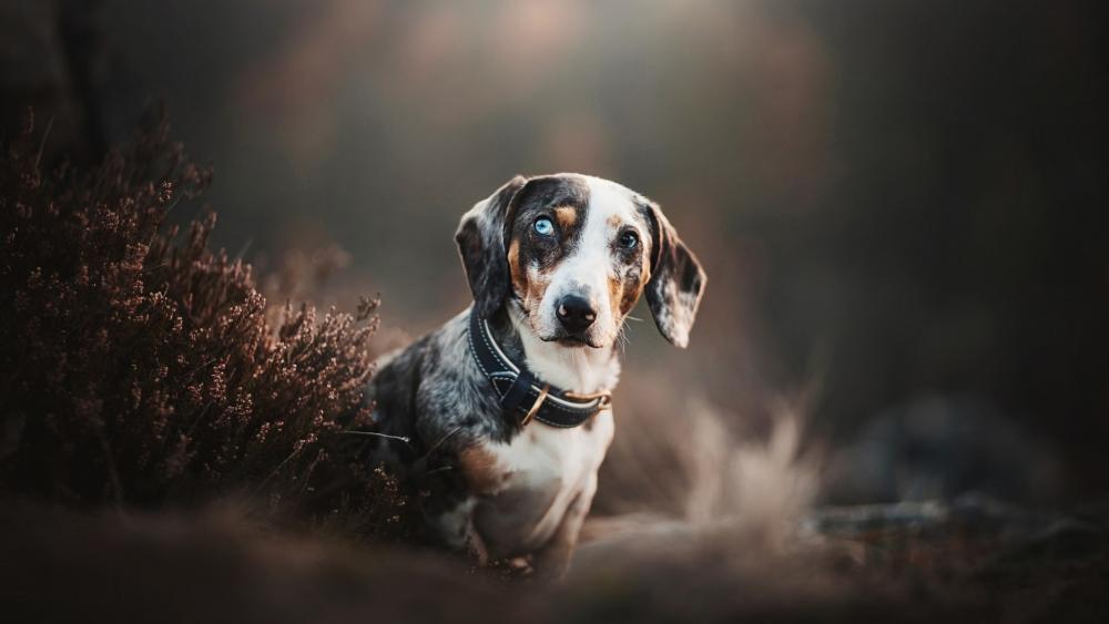 Blue Eyed Dachshund in Soft Forest Light wallpaper