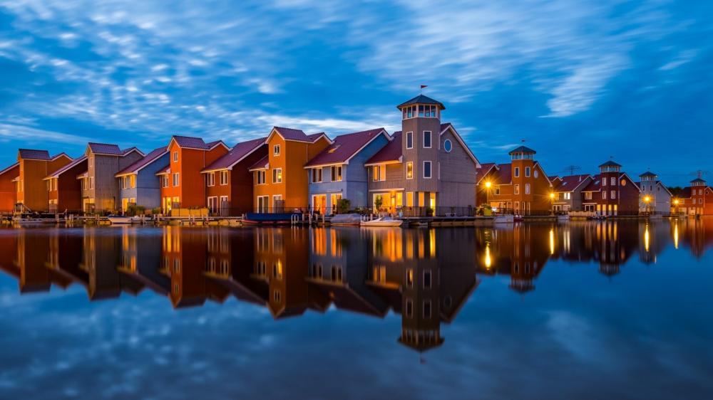 Blue Hour Reflections at Reitdiephaven Groningen wallpaper