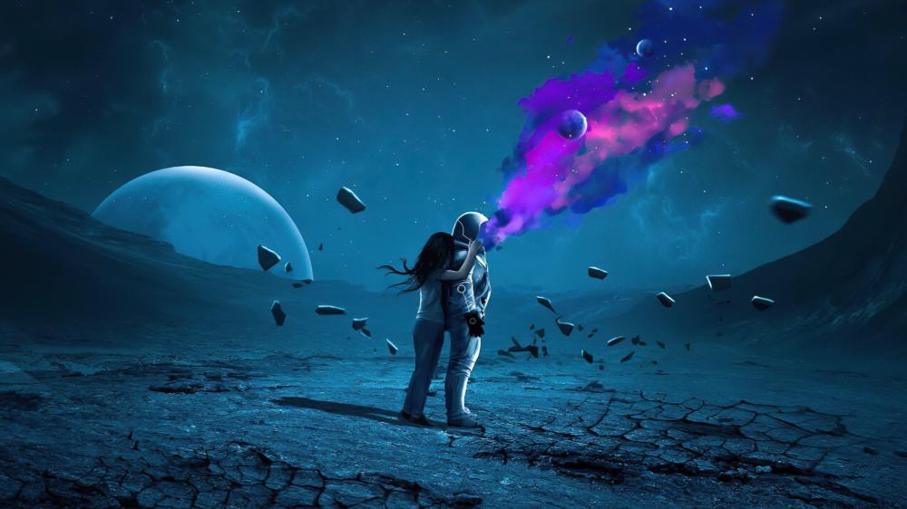Celestial Embrace in a Blue Dreamscape wallpaper