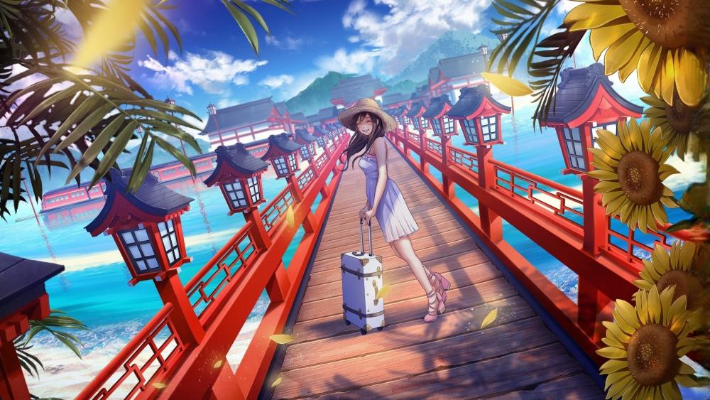 Sunlit Summer Journey on the Red Bridge wallpaper