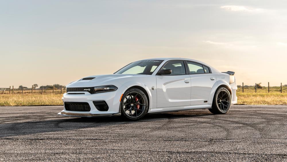 White Dodge Charger SRT Hellcat on Open Road wallpaper