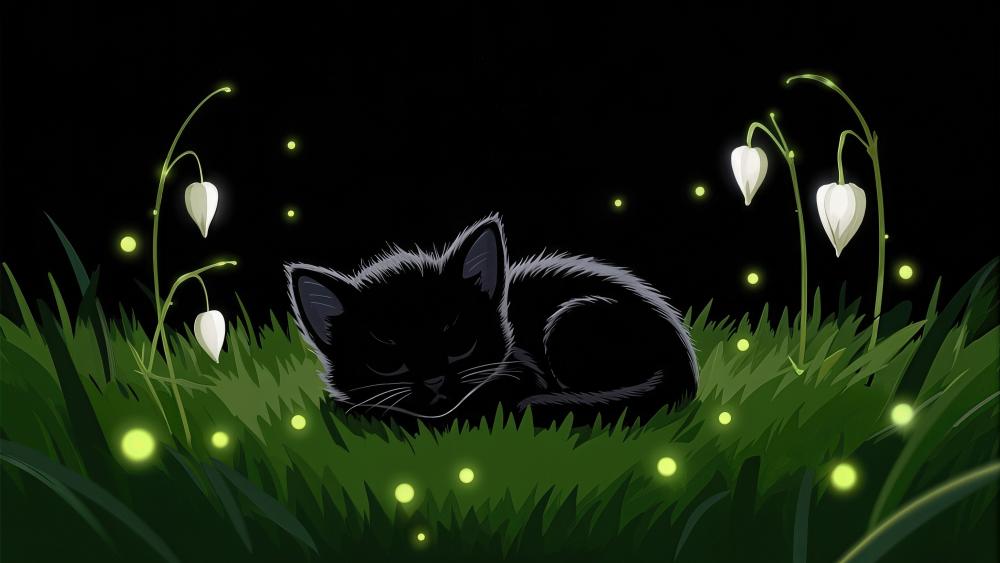 Sleepy Kawaii Black Kitten in Moonlit Grass wallpaper